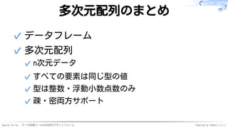 Apache Arrow - データ処理ツールの次世代プラットフォーム Powered by Rabbit 2.2.2
多次元配列のまとめ
データフレーム✓
多次元配列
n次元データ✓
すべての要素は同じ型の値✓
型は整数・浮動小数点数のみ✓
疎・密両方サポート✓
✓
 