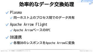Apache Arrow - データ処理ツールの次世代プラットフォーム Powered by Rabbit 2.2.2
効率的なデータ交換処理
Plasma
同一ホスト上のプロセス間でのデータ共有✓
✓
Apache Arrow Flight
Apache ArrowベースのRPC✓
✓
DB連携
各種DBのレスポンスをApache Arrowに変換✓
✓
 
