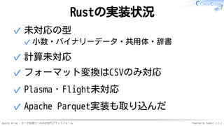 Apache Arrow - データ処理ツールの次世代プラットフォーム Powered by Rabbit 2.2.2
Rustの実装状況
未対応の型
小数・バイナリーデータ・共用体・辞書✓
✓
計算未対応✓
フォーマット変換はCSVのみ対応✓
Plasma・Flight未対応✓
Apache Parquet実装も取り込んだ✓
 
