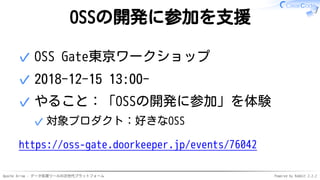 Apache Arrow - データ処理ツールの次世代プラットフォーム Powered by Rabbit 2.2.2
OSSの開発に参加を支援
OSS Gate東京ワークショップ✓
2018-12-15 13:00-✓
やること：「OSSの開発に参加」を体験
対象プロダクト：好きなOSS✓
✓
https://oss-gate.doorkeeper.jp/events/76042
 