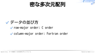 Apache Arrow - データ処理ツールの次世代プラットフォーム Powered by Rabbit 2.2.2
密な多次元配列
データの並び方
row-major order: C order✓
column-major order: ...