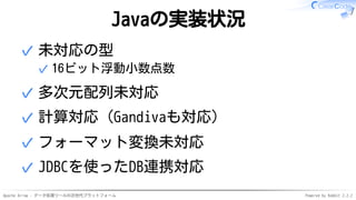 Apache Arrow - データ処理ツールの次世代プラットフォーム Powered by Rabbit 2.2.2
Javaの実装状況
未対応の型
16ビット浮動小数点数✓
✓
多次元配列未対応✓
計算対応（Gandivaも対応）✓
フォー...