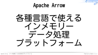 Apache Arrow - データ処理ツールの次世代プラットフォーム Powered by Rabbit 2.2.2
Apache Arrow
各種言語で使える
インメモリー
データ処理
プラットフォーム
 