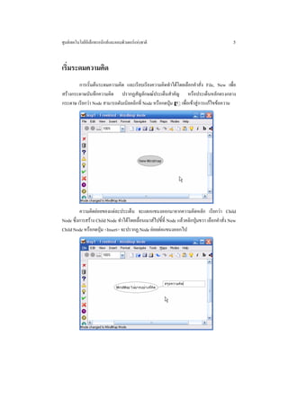ศูนยเทคโนโลยีอิเล็กทรอนิกสและคอมพิวเตอรแหงชาติ                                           5


เริ่มระดมความคิด
        การเริ่มตนระดมความคิด และเรียบเรียงความคิดทําไดโดยเลือกคําสั่ง File, New เพื่อ
สรางกระดาษบันทึกความคิด ปรากฏสัญลักษณประเด็นสําคัญ หรือประเด็นหลักตรงกลาง
กระดาษ เรียกวา Node สามารถดับเบิลคลิกที่ Node หรือกดปุม @ เพื่อเขาสูการแกไขขอความ




         ความคิดยอยของแตละประเด็น จะแตกแขนงออกมาจากความคิดหลัก เรียกวา Child
Node ซึ่งการสราง Child Node ทําไดโดยเลื่อนเมาสไปชี้ที่ Node แลวคลิกปุมขวา เลือกคําสั่ง New
Child Node หรือกดปุม <Insert> จะปรากฏ Node ยอยตอแขนงออกไป
 
