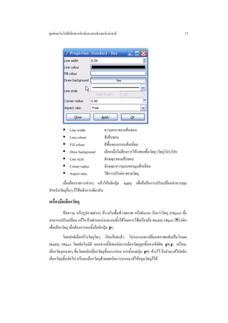 ศูนยเทคโนโลยีอิเล็กทรอนิกสและคอมพิวเตอรแหงชาติ                                            17




               Line width               ความหนาของเสนขอบ
               Line colour              สีเสนขอบ
               Fill colour              สีพื้นของกรอบสี่เหลี่ยม
               Draw background          เลือกเมื่อไมตองการใหแสดงพื้นวัตถุ (วัตถุโปรงใส)
               Line style               ลักษณะของเสนขอบ
               Corner radius            ลักษณะความมนของมุมสี่เหลี่ยม
               Aspect ratio             วิธีการปรับยอ/ขยายวัตถุ
          เมื่อเลือกรายการตางๆ แลวใหคลิกปุม Apply เพื่อยืนยืนการปรับเปลี่ยนคาควบคุม
สําหรับวัตถุอื่นๆ ก็ใชหลักการเดียวกัน

เครื่องมือเลือกวัตถุ
           ขอความ หรือรูปภาพตางๆ ที่วางในพื้นที่วาดภาพ หรือผังงาน เรียกวาวัตถุ (Object) ซึ่ง
สามารถปรับเปลี่ยน แกไข ยายตําแหนงและลบทิ้งไดโดยการใชเครื่องมือ Modify Object คลิก
เพื่อเลือกวัตถุ เมื่อตองการลบทิ้งก็คลิกปุม =
          โดยปกติเมื่อสรางวัตถุใดๆ เรียบรอยแลว โปรแกรมจะเปลี่ยนสภาพกลับเปนโหมด
Modify Object โดยอัตโนมัติ นอกจากนี้มีเทคนิคการเลือกวัตถุทุกชิ้นจากคียลัด Ca หรือจะ
เลือกวัตถุหลายๆ ชิ้นโดยคลิกเลือกวัตถุชิ้นแรกกอน จากนั้นกดปุม S คางไว จึงนําเมาสไปคลิก
เลือกวัตถุชิ้นถัดไป หรือจะเลือกวัตถุดวยเทคนิคการลากเมาสใหคลุมวัตถุก็ได
 