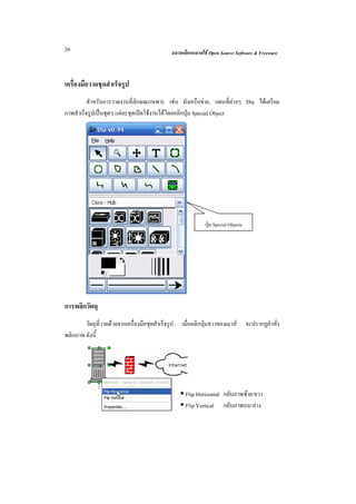 26                                              ฉลาดเลือกฉลาดใช Open Source Software & Freeware



เครื่องมือวาดชุดสําเร็จรูป
         สําหรับการวาดงานที่ลักษณะเฉพาะ เชน ผังเครือขาย, แผนที่ตางๆ Dia ไดเตรียม
ภาพสําเร็จรูปเปนชุดๆ แตละชุดเปดใชงานไดโดยคลิกปุม Special Object




                                                               ปุม Special Objects




การพลิกวัตถุ
        วัตถุที่วาดดวยจากเครื่องมือชุดสําเร็จรูป   เมื่อคลิกปุมขวาของเมาส          จะปรากฏคําสั่ง
พลิกภาพ ดังนี้




                                                      Flip Horizontal กลับภาพซาย/ขวา
                                                      Flip Vertical กลับภาพบน/ลาง
 
