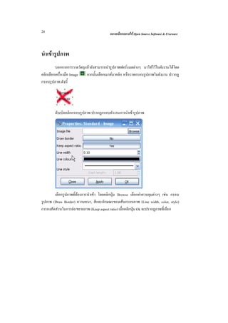 28                                        ฉลาดเลือกฉลาดใช Open Source Software & Freeware



นําเขารูปภาพ
         นอกจากการวาดวัตถุแลวยังสามารถนํารูปภาพฟอรแมตตางๆ มาใสไวในผังงานไดโดย
คลิกเลือกเครื่องมือ Image  จากนั้นเลือกเมาสมาคลิก หรือวาดกรอบรูปภาพในผังงาน ปรากฏ
กรอบรูปภาพ ดังนี้




        ดับเบิลคลิกกรอบรูปภาพ ปรากฏกรอบทํางานการนําเขารูปภาพ




        เลือกรูปภาพที่ตองการนําเขา โดยคลิกปุม Browse เลือกคาควบคุมตางๆ เชน กรอบ
รูปภาพ (Draw Border) ความหนา, สีและลักษณะของเสนกรอบภาพ (Line width, color, style)
การคงสัดสวนในการยอ/ขยายภาพ (Keep aspect ratio) เมื่อคลิกปุม Ok จะปรากฏภาพที่เลือก
 