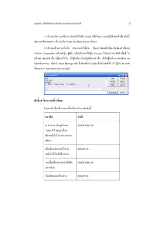 ศูนยเทคโนโลยีอิเล็กทรอนิกสและคอมพิวเตอรแหงชาติ                                              33


       การสั่งงานใดๆ จะเปนการสงคําสั่งไปยัง Turtle ใหทํางาน และปฏิบัติตามคําสั่ง ดังนั้น
สามารถสังเกตผลการสั่งงานกับ Turtle บน Main Screen นั่นเอง
         การสั่งงานดวยภาษาโลโก สามารถทําไดงาย โดยการพิมพคําสั่งลงในชองคําสั่งของ
จอภาพ Commander แลวกดปุม E หรือคลิกเมาสที่ปุม Execute โปรแกรมจะรับคําสั่งเขาไป
แลวตรวจสอบคําสั่งวารูจักหรือไม ถารูจักก็จะเริ่มปฏิบัติตามคําสั่ง ถาไมรูจักก็จะแสดงขอความ
บางอยางออกมา เรียกวา Error Message เชน ถาพิมพคําวา hello ซึ่งเปนคําที่โลโกไมรูจัก จะแสดง
ขอความ “I don't know how to hello”




คําสั่งสรางกรอบสี่เหลี่ยม
          ตัวอยางคําสั่งสรางกรอบสี่เหลี่ยม มีแนวคิด ดังนี้

           แนวคิด                             คําสั่ง

           ณ ตําแหนงปจจุบันของ              FORWARD 50
           Turtle ให Turtle เลื่อน
           ตําแหนงไป 50 หนวย ตาม
           ทิศทาง

           เมื่อเลื่อนตําแหนงไป 50           RIGHT 90
           หนวยใหหันไปดานขวา

           จากนั้นเลื่อนตําแหนงไปอีก         FORWARD 50
           50 หนวย

           หันทิศทางลงดานลาง                RIGHT 90
 