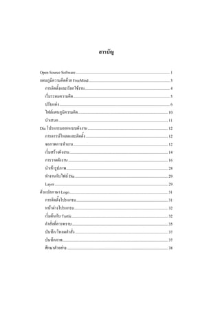 สารบัญ

Open Source Software ................................................................................................ 1
แผนภูมิความคิดดวย FreeMind................................................................................... 3
   การติดตั้งและเรียกใชงาน....................................................................................... 4
   เริ่มระดมความคิด ................................................................................................... 5
   ปรับแตง ................................................................................................................. 6
   ไฟลแผนภูมิความคิด ............................................................................................ 10
   นําเสนอ................................................................................................................ 11
Dia โปรแกรมออกแบบผังงาน.................................................................................. 12
   การดาวนโหลดและติดตั้ง .................................................................................... 12
   จอภาพการทํางาน................................................................................................. 12
   เริ่มสรางผังงาน..................................................................................................... 14
   การวาดผังงาน...................................................................................................... 16
   นําเขารูปภาพ........................................................................................................ 28
   ทํางานกับไฟล Dia ............................................................................................... 29
   Layer.................................................................................................................... 29
ตัวแปลภาษา Logo..................................................................................................... 31
   การติดตั้งโปรแกรม.............................................................................................. 31
   หนาตางโปรแกรม................................................................................................ 32
   เริ่มตนกับ Turtle................................................................................................... 32
   คําสั่งที่ควรทราบ.................................................................................................. 35
   บันทึก/โหลดคําสั่ง ............................................................................................... 37
   บันทึกภาพ............................................................................................................ 37
   ศึกษาตัวอยาง ....................................................................................................... 38
 