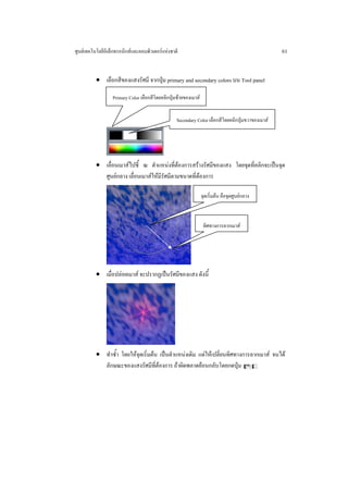 ศูนยเทคโนโลยีอิเล็กทรอนิกสและคอมพิวเตอรแหงชาติ                                                61


          • เลือกสีของแสงรัศมี จากปุม primary and secondary colors บน Tool panel

                  Primary Color เลือกสีโดยคลิกปุมซายของเมาส


                                                  Secondary Color เลือกสีโดยคลิกปุมขวาของเมาส




          • เลื่อนเมาสไปชี้ ณ ตําแหนงที่ตองการสรางรัศมีของแสง โดยจุดที่คลิกจะเปนจุด
            ศูนยกลาง เลื่อนเมาสใหมีรัศมีตามขนาดที่ตองการ

                                                                 จุดเริ่มตน คือจุดศูนยกลาง



                                                                  ทิศทางการลากเมาส




          • เมื่อปลอยเมาส จะปรากฏเปนรัศมีของแสง ดังนี้




          • ทําซ้ํา โดยใหจุดเริ่มตน เปนตําแหนงเดิม แตใหเปลี่ยนทิศทางการลากเมาส จนได
            ลักษณะของแสงรัศมีที่ตองการ ถาผิดพลาดยอนกลับโดยกดปุม Cz
 