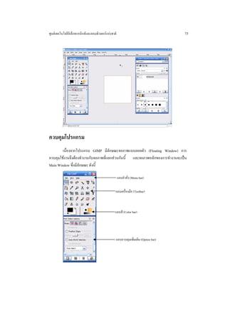 ศูนยเทคโนโลยีอิเล็กทรอนิกสและคอมพิวเตอรแหงชาติ                                 75




ควบคุมโปรแกรม
        เนื่องจากโปรแกรม GIMP มีลักษณะจอภาพแบบลอยตัว (Floating Window) การ
ควบคุมใชงานจึงตองทํางานกับจอภาพที่แยกสวนกันนี้ และจอภาพหลักของการทํางานจะเปน
Main Window ซึ่งมีลักษณะ ดังนี้

                                                     แถบคําสั่ง (Menu bar)

                                                 แถบเครื่องมือ (Toolbar)



                                                 แถบสี (Color bar)




                                                 แถบควบคุมเพิ่มเติม (Option bar)
 