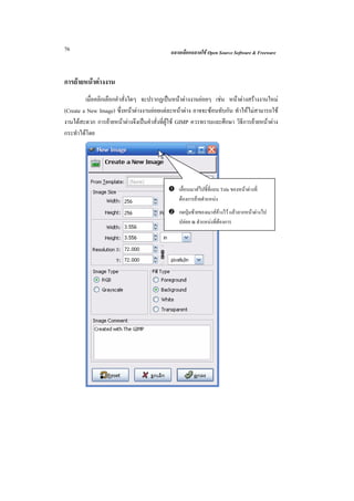 76                                           ฉลาดเลือกฉลาดใช Open Source Software & Freeware



การยายหนาตางงาน
         เมื่อคลิกเลือกคําสั่งใดๆ จะปรากฏเปนหนาตางงานยอยๆ เชน หนาตางสรางงานใหม
(Create a New Image) ซึ่งหนาตางงานยอยแตละหนาตาง อาจจะซอนทับกัน ทําใหไมสามารถใช
งานไดสะดวก การยายหนาตางจึงเปนคําสั่งที่ผูใช GIMP ควรทราบและศึกษา วิธีการยายหนาตาง
กระทําไดโดย




                                                เลื่อนเมาสไปชี้ที่แถบ Title ของหนาตางที่
                                                ตองการยายตําแหนง
                                                กดปุมซายของเมาสคางไว แลวลากหนาตางไป
                                                ปลอย ณ ตําแหนงที่ตองการ
 