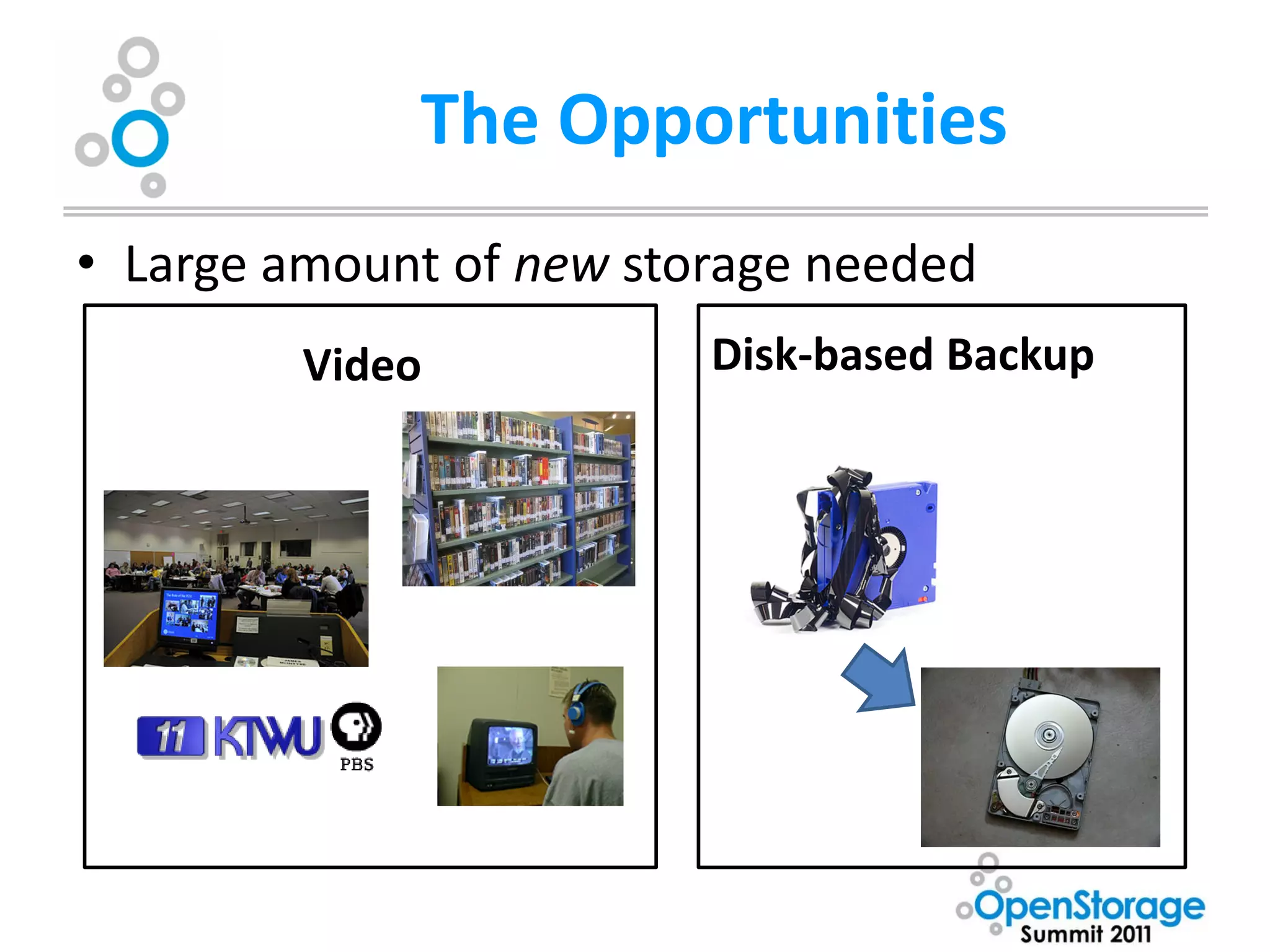 The Opportunities
• Large amount of new storage needed
         Video           Disk-based Backup
 