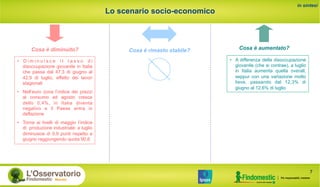 Lo scenario socio-economico
in sintesi
•  D i m i n u i s c e i l t a s s o d i
disoccupazione giovanile in Italia
che passa dal 47,3 di giugno al
42,9 di luglio, effetto dei lavori
stagionali
•  Nell’euro zona l’indice dei prezzi
al consumo ad agosto cresce
dello 0,4%, in Italia diventa
negativo e il Paese entra in
deflazione
•  Torna ai livelli di maggio l’indice
di produzione industriale: a luglio
diminuisce di 0,9 punti rispetto a
giugno raggiungendo quota 90,6
Cosa è rimasto stabile? Cosa è aumentato?Cosa è diminuito?
•  A differenza della disoccupazione
giovanile (che si contrae), a luglio
in Italia aumenta quella overall,
seppur con una variazione molto
lieve, passando dal 12,3% di
giugno al 12,6% di luglio
7
 