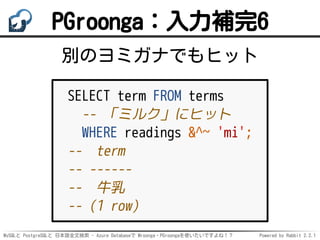 MySQLと PostgreSQLと 日本語全文検索 - Azure Databaseで Mroonga・PGroongaを使いたいですよね！？ Powered by Rabbit 2.2.1
PGroonga：入力補完6
別のヨミガナでもヒッ...