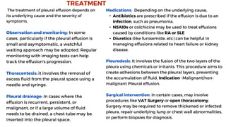 The treatment of pleural effusion depends on
its underlying cause and the severity of
symptoms.
Observation and monitoring: In some
cases, particularly if the pleural effusion is
small and asymptomatic, a watchful
waiting approach may be adopted. Regular
monitoring with imaging tests can help
track the effusion's progression.
Thoracentesis: it involves the removal of
excess fluid from the pleural space using a
needle and syringe.
Pleural drainage: In cases where the
effusion is recurrent, persistent, or
malignant, or if a large volume of fluid
needs to be drained, a chest tube may be
inserted into the pleural space.
TREATMENT
Medications: Depending on the underlying cause,
• Antibiotics are prescribed if the effusion is due to an
infection, such as pneumonia.
• NSAIDs or colchicine may be used to treat effusions
caused by conditions like RA or SLE
• Diuretics (like furosemide, etc) can be helpful in
managing effusions related to heart failure or kidney
disease.
Pleurodesis: It involves the fusion of the two layers of the
pleura using chemicals or irritants. This procedure aims to
create adhesions between the pleural layers, preventing
the accumulation of fluid. Indication -Malignant/non-
malignant Pleural effusion.
Surgical intervention: In certain cases, may involve
procedures like VAT Surgery or open thoracotomy.
Surgery may be required to remove thickened or infected
pleura, repair underlying lung or chest wall abnormalities,
or perform biopsies for diagnosis.
 