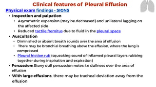 Clinical features of Pleural Effusion
Physical exam findings - SIGNS
• Inspection and palpation
• Asymmetric expansion (may be decreased) and unilateral lagging on
the affected side
• Reduced tactile fremitus due to fluid in the pleural space
• Auscultation
• Diminished or absent breath sounds over the area of effusion
• There may be bronchial breathing above the effusion, where the lung is
compressed
• Pleural friction rub (squeaking sound of inflamed pleural layers rubbing
together during inspiration and expiration)
• Percussion: Stony dull percussion notes; i.e dullness over the area of
effusion
• With large effusions, there may be tracheal deviation away from the
effusion
 