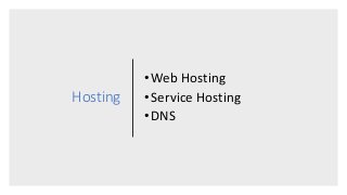 Hosting
•Web Hosting
•Service Hosting
•DNS
 