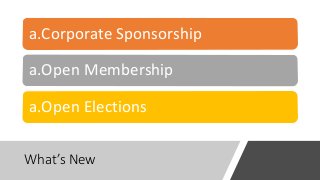 What’s New
a.Corporate Sponsorship
a.Open Membership
a.Open Elections
 