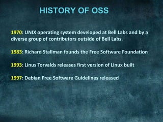 1970: UNIX operating system developed at Bell Labs and by a
diverse group of contributors outside of Bell Labs.

1983: Richard Stallman founds the Free Software Foundation

1993: Linus Torvalds releases first version of Linux built

1997: Debian Free Software Guidelines released
 