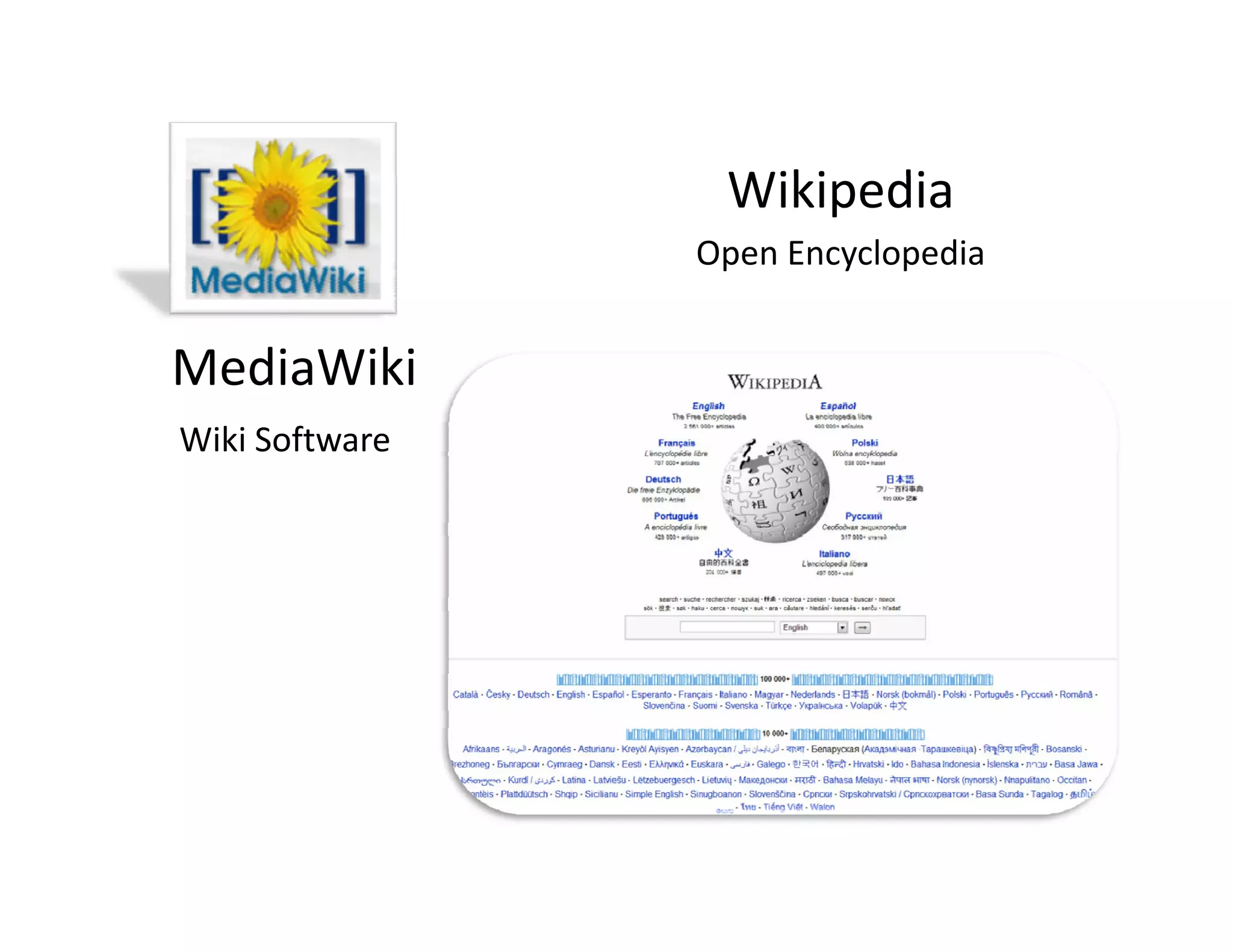 Wiki di
                 Wikipedia
                Open Encyclopedia


MediaWiki
Wiki Software
 