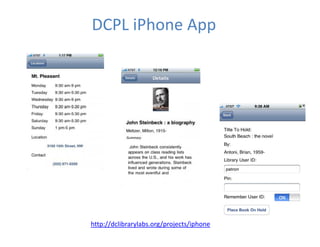 DCPL iPhone App




http://dclibrarylabs.org/projects/iphone
 