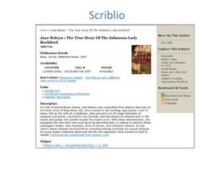 Scriblio Features
 •Tagged browsing
 •Faceted Search Results
 •RSS Feeds
 •Social Bookmarking
  Social Bookmarking
 •Text ...