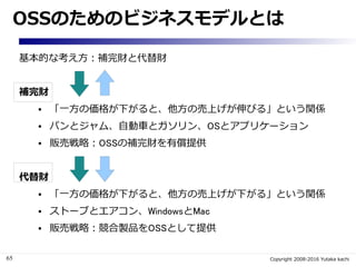 65 Copyright 2008-2016 Yutaka kachi
OSSのためのビジネスモデルとは
基本的な考え方：補完財と代替財
補完財
● 「一方の価格が下がると、他方の売上げが伸びる」という関係
● パンとジャム、自動車とガソリン、OSとアプリケーション
● 販売戦略：OSSの補完財を有償提供
代替財
● 「一方の価格が下がると、他方の売上げが下がる」という関係
● ストーブとエアコン、WindowsとMac
● 販売戦略：競合製品をOSSとして提供
 