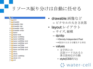 リソース振り分けは自動に任せる

       • drawable:画像など
         – ピクセルの大きさ次第
       • layout:レイアウト
         – サイズ, 縦横
         – dp/dip
           →Density Independent Pixel
           →現実の大きさを優先する単位
         – values
            • 文字列とか
              言語コード入れると
              多言語対応が自動
            • style(CSS的な)
 