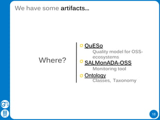 18
We have some artifacts…
Where?
QuESo
Quality model for OSS-
ecosystems
SALMonADA-OSS
Monitoring tool
Ontology
Classes, Taxonomy
 