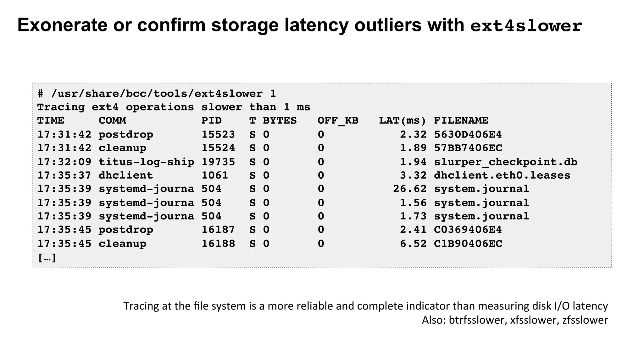 Exonerate or confirm storage latency outliers with ext4slower
# /usr/share/bcc/tools/ext4slower 1
Tracing ext4 operations slower than 1 ms
TIME COMM PID T BYTES OFF_KB LAT(ms) FILENAME
17:31:42 postdrop 15523 S 0 0 2.32 5630D406E4
17:31:42 cleanup 15524 S 0 0 1.89 57BB7406EC
17:32:09 titus-log-ship 19735 S 0 0 1.94 slurper_checkpoint.db
17:35:37 dhclient 1061 S 0 0 3.32 dhclient.eth0.leases
17:35:39 systemd-journa 504 S 0 0 26.62 system.journal
17:35:39 systemd-journa 504 S 0 0 1.56 system.journal
17:35:39 systemd-journa 504 S 0 0 1.73 system.journal
17:35:45 postdrop 16187 S 0 0 2.41 C0369406E4
17:35:45 cleanup 16188 S 0 0 6.52 C1B90406EC
[…]
Tracing	at	the	ﬁle	system	is	a	more	reliable	and	complete	indicator	than	measuring	disk	I/O	latency	
Also:	btrfsslower,	xfsslower,	zfsslower	
 