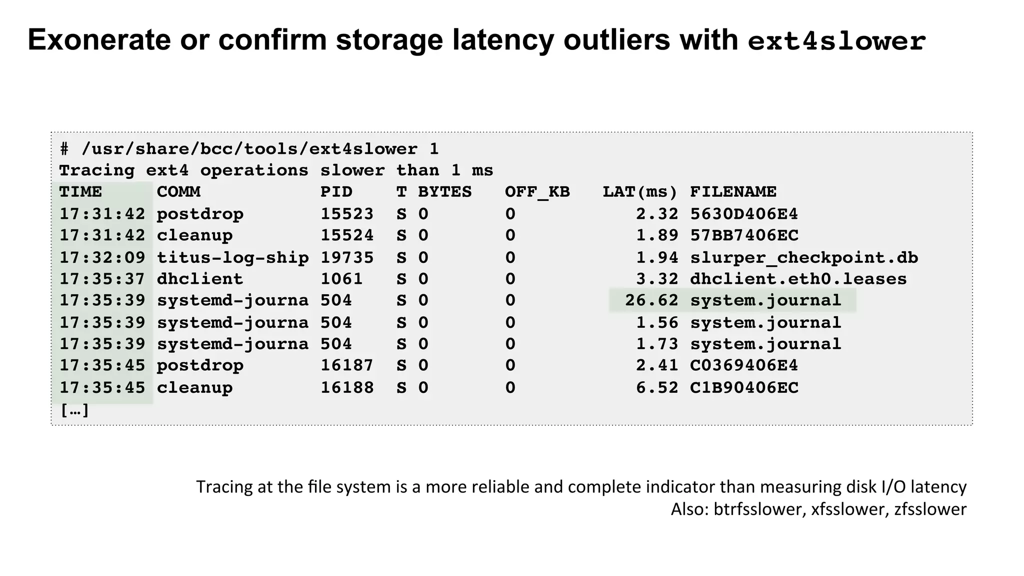 Exonerate or confirm storage latency outliers with ext4slower
# /usr/share/bcc/tools/ext4slower 1
Tracing ext4 operations slower than 1 ms
TIME COMM PID T BYTES OFF_KB LAT(ms) FILENAME
17:31:42 postdrop 15523 S 0 0 2.32 5630D406E4
17:31:42 cleanup 15524 S 0 0 1.89 57BB7406EC
17:32:09 titus-log-ship 19735 S 0 0 1.94 slurper_checkpoint.db
17:35:37 dhclient 1061 S 0 0 3.32 dhclient.eth0.leases
17:35:39 systemd-journa 504 S 0 0 26.62 system.journal
17:35:39 systemd-journa 504 S 0 0 1.56 system.journal
17:35:39 systemd-journa 504 S 0 0 1.73 system.journal
17:35:45 postdrop 16187 S 0 0 2.41 C0369406E4
17:35:45 cleanup 16188 S 0 0 6.52 C1B90406EC
[…]
Tracing	at	the	ﬁle	system	is	a	more	reliable	and	complete	indicator	than	measuring	disk	I/O	latency	
Also:	btrfsslower,	xfsslower,	zfsslower	
 