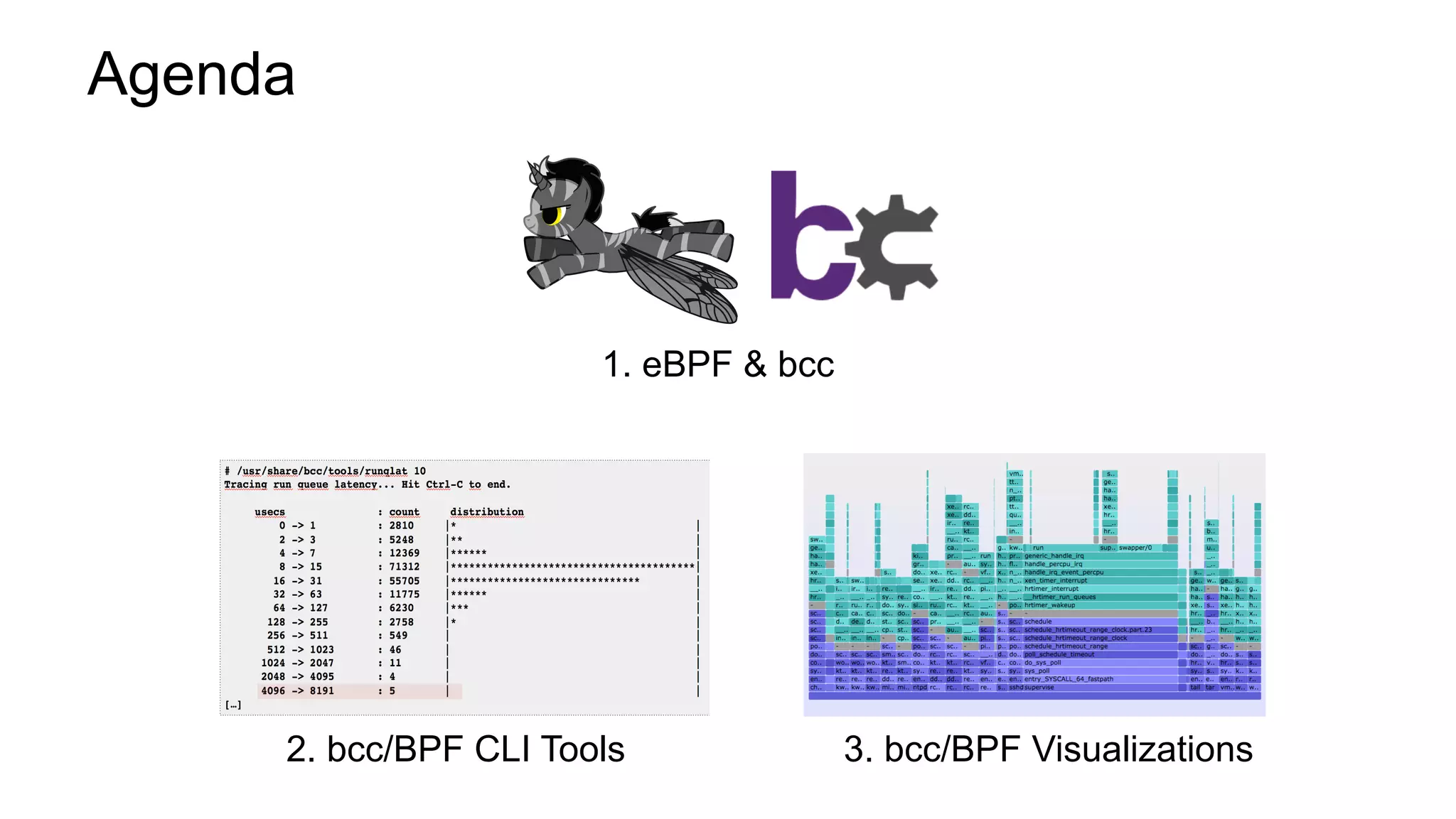 Agenda
1. eBPF & bcc
2. bcc/BPF CLI Tools 3. bcc/BPF Visualizations
 