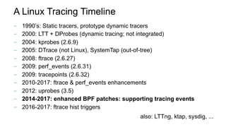 A Linux Tracing Timeline
-  1990’s: Static tracers, prototype dynamic tracers
-  2000: LTT + DProbes (dynamic tracing; not integrated)
-  2004: kprobes (2.6.9)
-  2005: DTrace (not Linux), SystemTap (out-of-tree)
-  2008: ftrace (2.6.27)
-  2009: perf_events (2.6.31)
-  2009: tracepoints (2.6.32)
-  2010-2017: ftrace & perf_events enhancements
-  2012: uprobes (3.5)
-  2014-2017: enhanced BPF patches: supporting tracing events
-  2016-2017: ftrace hist triggers
also: LTTng, ktap, sysdig, ...
 