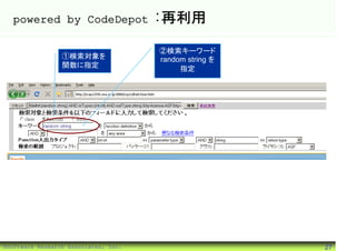 powered by CodeDepot                :再利用

                                      ②検索キーワード
                 ①検索対象を               random string を
                 関数に指定                     指定




©Software Research Associates, Inc.                     27
 