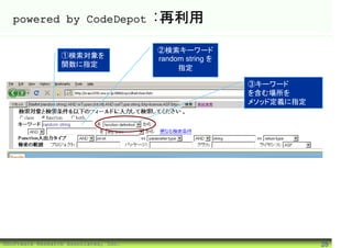 powered by CodeDepot                :再利用

                                      ②検索キーワード
                 ①検索対象を               random string を
                 関数に指定                     指定

                                                        ③キーワード
                                                        を含む場所を
                                                        メソッド定義に指定




©Software Research Associates, Inc.                                 28
 