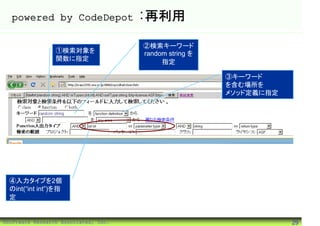 powered by CodeDepot                :再利用

                                      ②検索キーワード
                 ①検索対象を               random string を
                 関数に指定                     指定

                                                        ③キーワード
                                                        を含む場所を
                                                        メソッド定義に指定




  ④入力タイプを2個
  のint(“int int”)を指
  定


©Software Research Associates, Inc.                                 29
 
