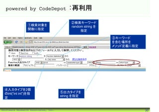 powered by CodeDepot                    :再利用

                                           ②検索キーワード
                 ①検索対象を                    random string を
                 関数に指定                          指定

                                                             ③キーワード
                                                             を含む場所を
                                                             メソッド定義に指定




  ④入力タイプを2個
  のint(“int int”)を指                   ⑤出力タイプを
                                      string を指定
  定


©Software Research Associates, Inc.                                      30
 