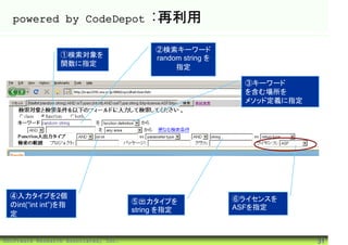 powered by CodeDepot                    :再利用

                                           ②検索キーワード
                 ①検索対象を                    random string を
                 関数に指定                          指定

                                                               ③キーワード
                                                               を含む場所を
                                                               メソッド定義に指定




  ④入力タイプを2個                                                  ⑥ライセンスを
  のint(“int int”)を指                   ⑤出力タイプを
                                      string を指定             ASFを指定
  定


©Software Research Associates, Inc.                                        31
 
