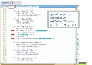 利用例No.1




                                      openConnection
                                      setDoInput
                                      getOutputStream
                                      の順で呼び出している




©Software Research Associates, Inc.                     44
 