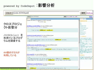 powered by CodeDepot                :影響分析



  クロスプロジェ
  クト影響分析

  JSONObject を
  利用ているプログ
  ラムを調査する



  ４４個のクラスが
  利用している




©Software Research Associates, Inc.           51
 