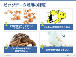 © Talend 2014 34
ビッグデータ活⽤用の課題
多種多様なデータソース
に対応できない	
Hadoopを簡単に扱えない
投資効果が維持できない	
ビッグデータを⾼高速に
処理理できない
 