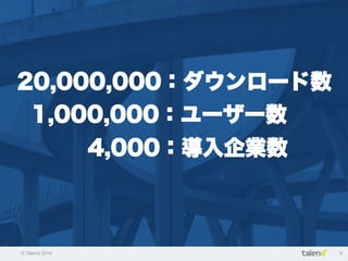 © Talend 2014 9
20,000,000：ダウンロード数
1,000,000：ユーザー数
4,000：導入企業数
 