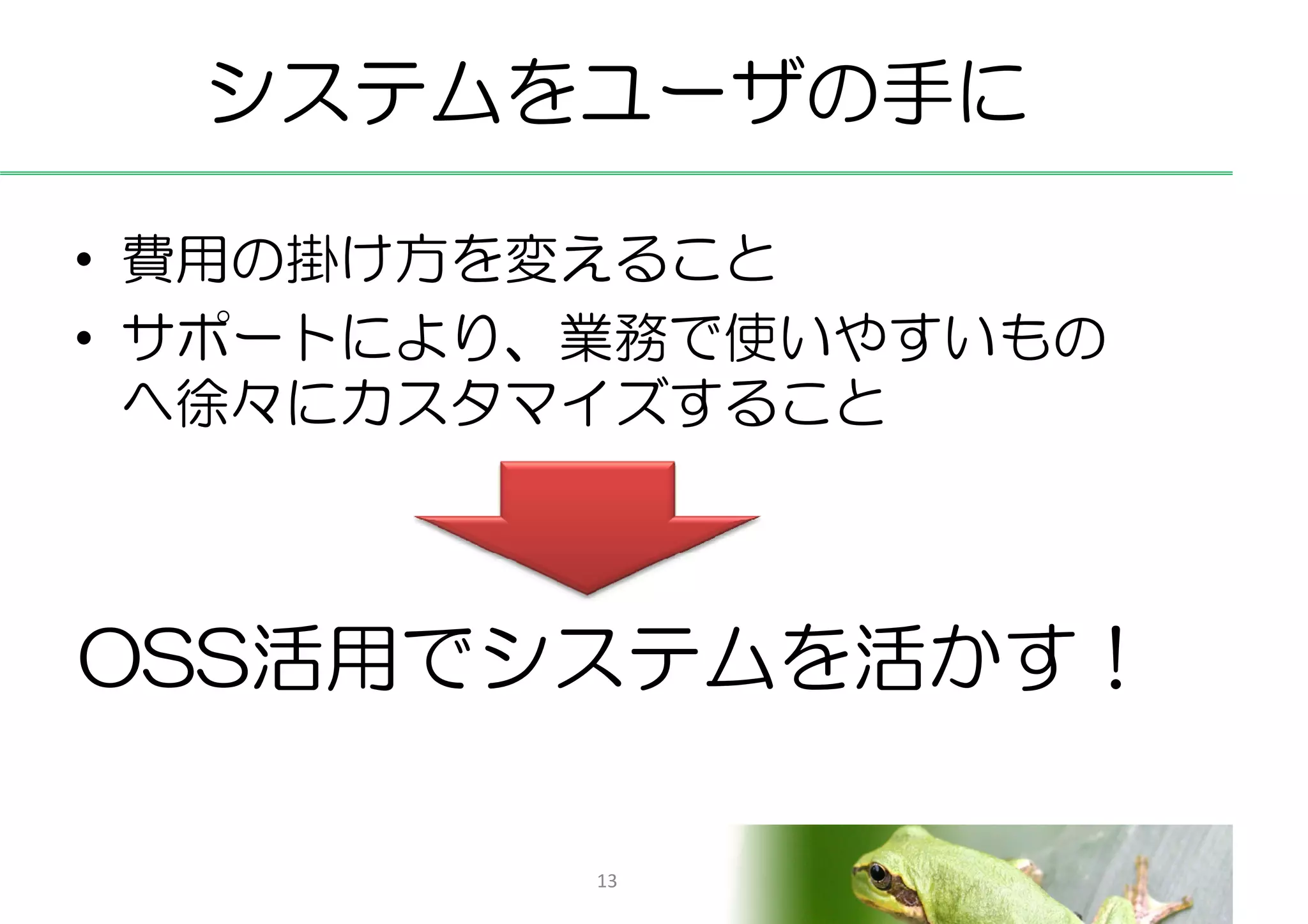 システムをユーザの手に

• 費用の掛け方を変えること
• サポートにより、業務で使いやすいもの
  へ徐々にカスタマイズすること



OSS活用でシステムを活かす！

          13
 