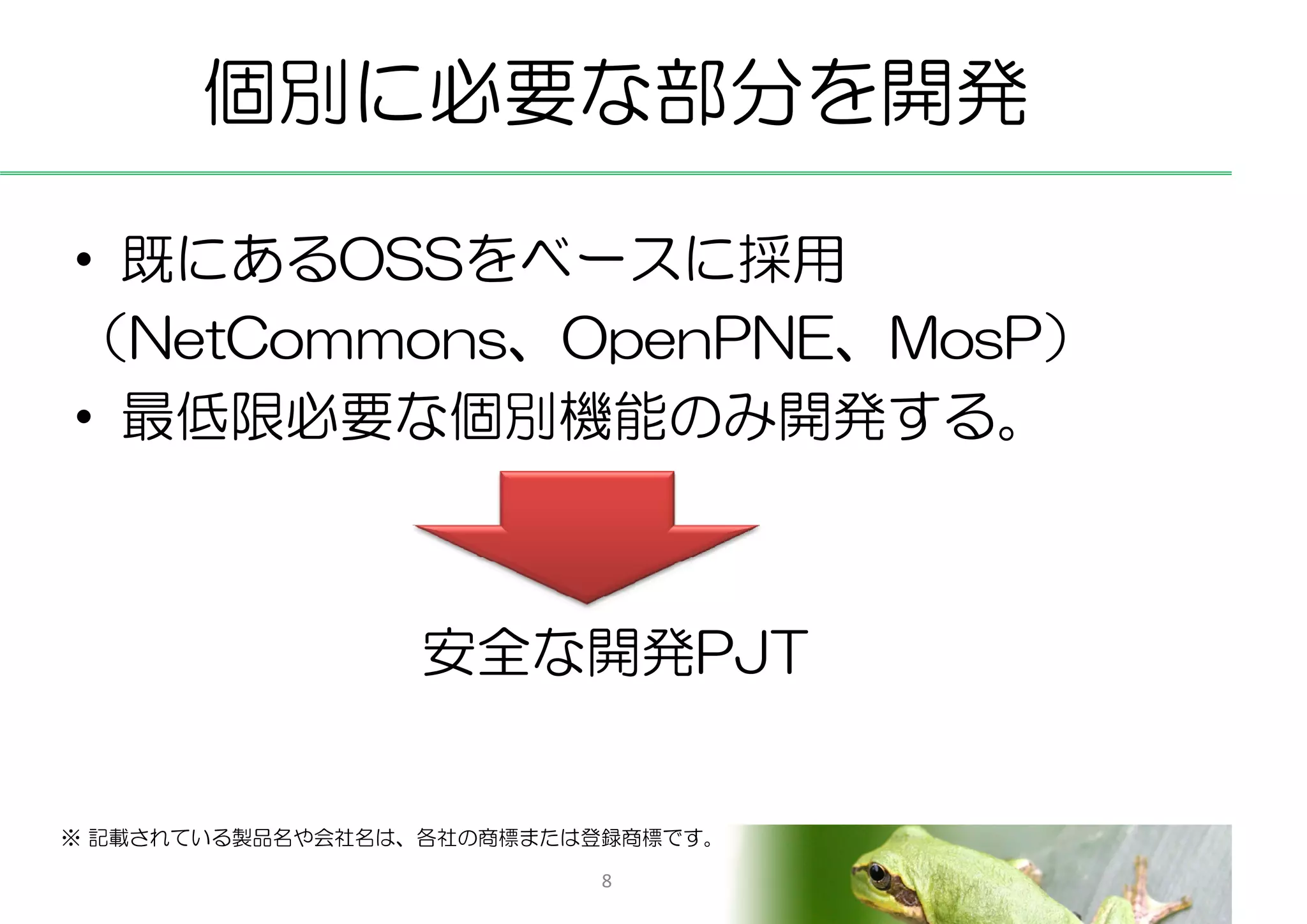 個別に必要な部分を開発

• 既にあるOSSをベースに採用
（NetCommons、OpenPNE、MosP）
• 最低限必要な個別機能のみ開発する。



                 安全な開発PJT


※ 記載されている製品名や会社名は、各社の商標または登録商標です。

                          8
 