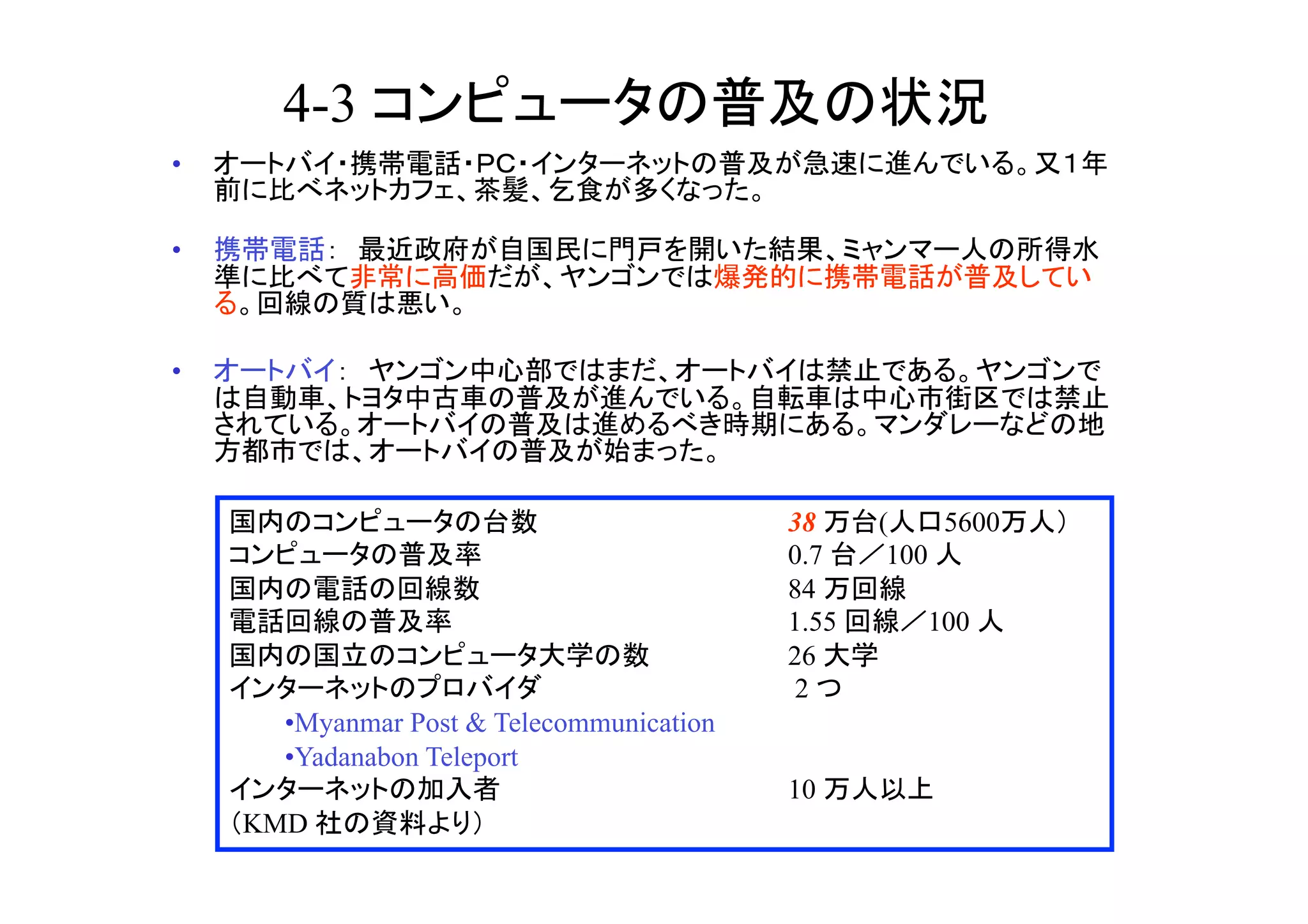 4-3                                                       	
• 


• 



• 

                                           	

                                                38     (    5600
                                                0.7     100
                                                84
                                                1.55      100
                                                26
                                                 2
      • Myanmar Post & Telecommunication
      • Yadanabon Teleport
                                                10
     KMD             	
 