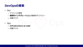 Copyright ⓒ2016 CREATIONLINE, INC. All Rights Reserved
DevOpsの要素
• Dev
– アジャイル開発
– 継続的インテグレーション/継続的デリバリー
– 自動テスト
• Ops
– Infrastructure as code
– 自動テスト
 