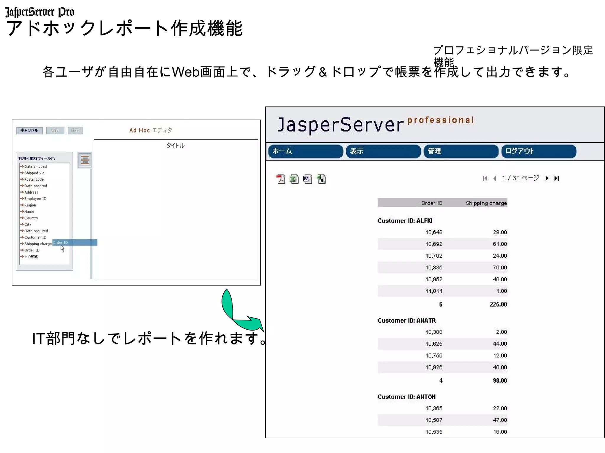 JasperServer Pro
アドホックレポート作成機能
                                   プロフェショナルバージョン限定
                                   機能
    　各ユーザが自由自在にWeb画面上で、ドラッグ＆ドロップで帳票を作成して出力できます。




      IT部門なしでレポートを作れます。
 