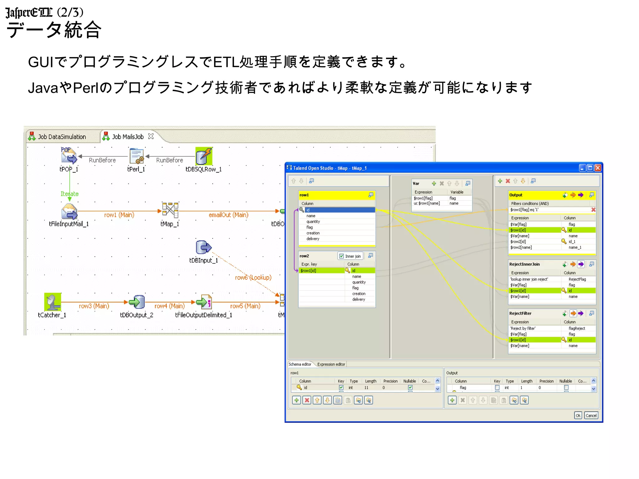 JasperETL (2/3)
データ統合
    GUIでプログラミングレスでETL処理手順を定義できます。
    JavaやPerlのプログラミング技術者であればより柔軟な定義が可能になります
 