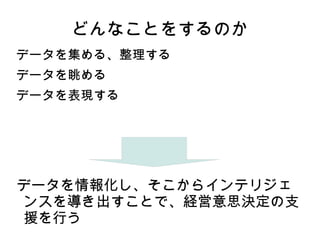 どんなことをするのか
データを集める、整理する
データを眺める
データを表現する




データを情報化し、そこからインテリジェ
ンスを導き出すことで、経営意思決定の支
援を行う
 